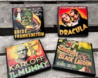 Handmade set of 4 Wall Decor Resin Tile Wall Art ~ Horror Movies, Bride of Frankenstein, Dracula, The Mummy & Creature from the Black Lagoon
