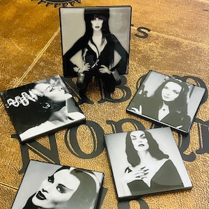 Custom Wall Hanging Tiles Set of 5 featuring the Gothic Babes: Vampira, Morticia Addams, Lily Munster, Bride of Frankenstein, and Elvira