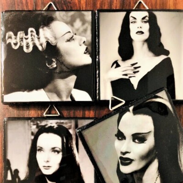 Original Goth Babes ~ Vampira, Morticia Addams. Lily Munster & Bride of Frankenstein Horror Resin Tile Wall Decor, Wall Art Customized Gifts