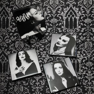 Piastrelle decorative da parete a tema regine gotiche, Vampira, Morticia, Lily Munster, la sposa di Frankenstein