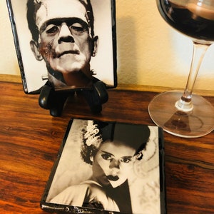 Handmade Frankenstein and The Bride set of 2 coasters- Resin Drink Coasters- Tile Coasters-Classic Monters