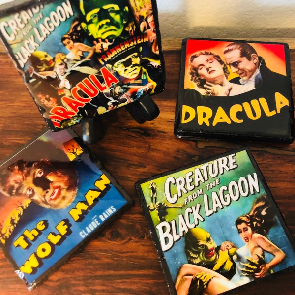 Handmade Tile Coasters - Universal Classic Monsters - Dracula, Frankenstein, The Wolf Man, Creature from the Black Lagoon