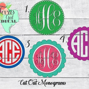 May include: Four different monogram designs with scalloped edges. The monograms are in a circle and feature the letters "AHE". The monograms are in different colors: green, blue, pink, and purple.