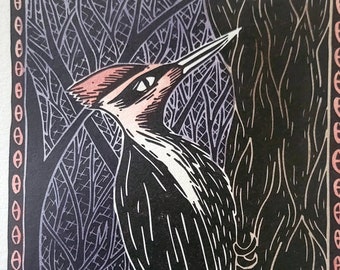 Pilated Woodpecker Hand-Painted Linocut Print