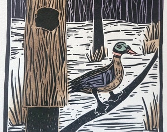Wood Duck Hand-Painted Linocut Print