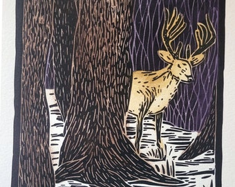 Deer at Dusk Hand-Painted Linocut Print