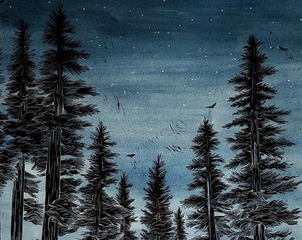 Night At The Campground Hand-painted Linocut Print