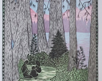 Secret Fort at the Lake Multi-color Linocut Print