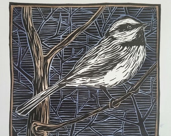 Mountain Chickadee Hand-Painted Linocut Print