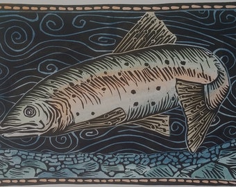 Lahontan Cut Throat Trout Hand-Painted Linocut Print