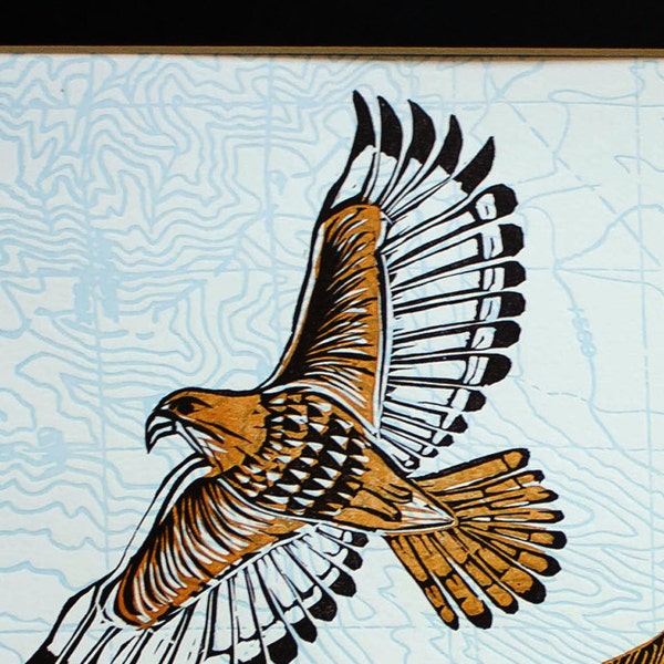 Red-tail Hawk Multi-color Linocut Print