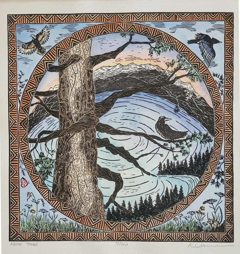 12x12 Above Tahoe Handpainted Linocut Print Etsy