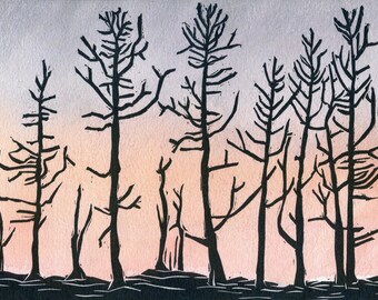 Sunset, Fire Season Hand-Painted Linocut Print