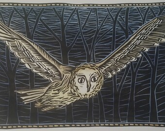 Barn Owl Hand-Painted Linocut Print