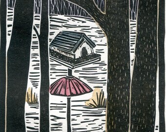 Woodland Animals Hand Painted Linocut Print