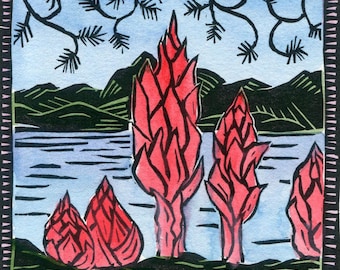 Snow Flower Lake Tahoe Hand-Painted Linocut Print