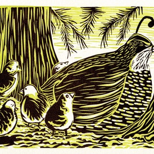 California Quail and Chicks Multi-color Linocut Print