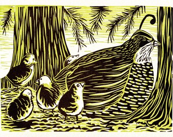 California Quail and Chicks Multi-color Linocut Print