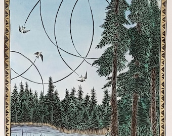 Swallows at Dark Lake Hand-painted Linocut Print