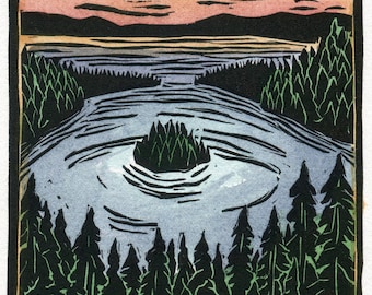 Emerald Bay Lake Tahoe Hand-Painted Linocut Print