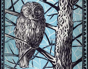 Great Gray Owl Multi-color Linocut Print