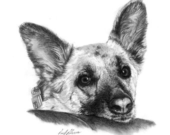 Dog, German Shepherd, Puppy, Man's Best Friend, Original artwork, charcoal drawing, Digital Download, Pets,Black and white, Furry friend