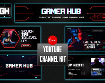 Gaming Theme Canva | Youtube Channel Branding Kit, Editable Banner, Intro, Outro, 2 Thumbnails, Social Media Icons