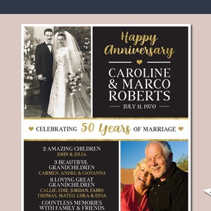 Może przedstawiać: Czarno-złota karta z okazji rocznicy ślubu ze zdjęciem pary. Na karcie napisano "Happy Anniversary Caroline & Marco Roberts - 11 lipca 1970 - Obchodzimy 50 lat małżeństwa".