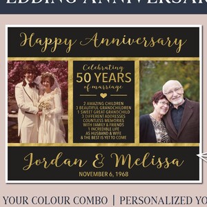 May include: A black and gold wedding anniversary card with two photos of a couple. The text reads "Happy Anniversary", "Celebrating 50 Years of Marriage", "Jordan & Melissa", and "November 6, 1968".