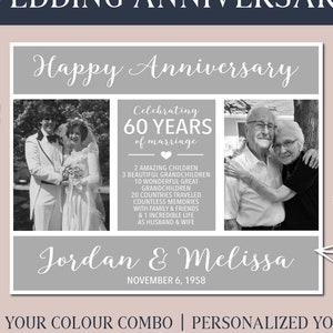 May include: A black and white photo collage celebrating a 60th wedding anniversary. The collage features photos of a couple on their wedding day and a more recent photo of the couple. The text "Happy Anniversary" is at the top of the collage, and the text "Celebrating 60 Years of Marriage" is in the center of the collage. The text "Jordan & Melissa" is at the bottom of the collage, along with the date "November 6, 1958".