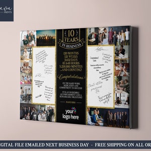 Collage fotografico per il 10° anniversario aziendale con firme - Cartello per 10 anni di attività - Regalo per titolari di piccole imprese - Libro degli ospiti personalizzato per dipendenti