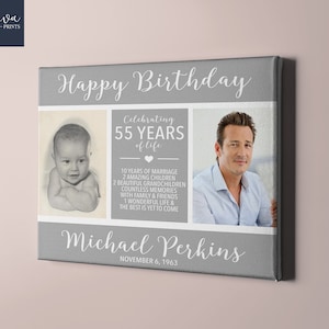 55e verjaardag aangepast canvasbord - toen en nu foto 55e verjaardag cadeau-idee voor haar of hem - sentimenteel cadeau voor moeder, vader, grootouders