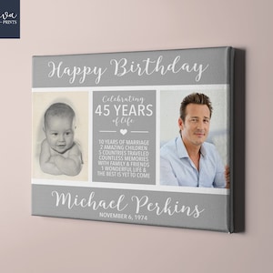 45e verjaardag aangepast canvasbord - toen en nu foto 45e verjaardag cadeau-idee voor haar of hem - sentimenteel cadeau voor moeder, vader, zus, vriend