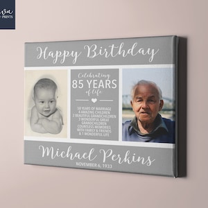 Targa su tela personalizzata per l'85° compleanno - Foto di ieri e di oggi Idea regalo per l'85° compleanno per lei o per lui - Regalo sentimentale per mamma, papà e nonni