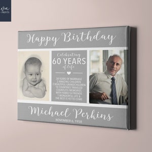 Sinal de lona de aniversário personalizado de 60 anos - Idéia de presente de aniversário com foto de então e agora para ela - Presente sentimental para mamãe, papai, avós
