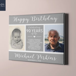90. Geburtstag Leinwand Zeichen - damals und heute Foto 90. Geburtstag Geschenkidee für Sie oder Ihn - Sentimentales Geschenk für Mama, Papa, Großeltern