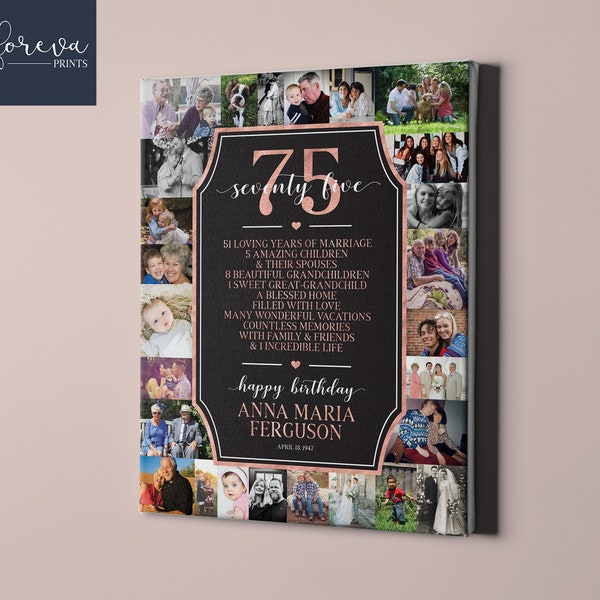 75th Birthday Custom Canvas - Photo Collage Poster for Men and Women - Personalized 75th Birthday Gift - Unique 75th Birthday Gift Idea
