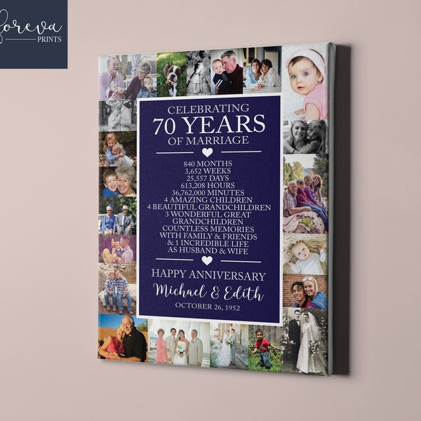 70th Wedding Anniversary Custom Canvas - 70th Anniversary Gift Photo Collage - Grandparents Anniversary Gift Idea for Parents or Spouse
