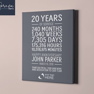 20 Year Work Anniversary Print, 20 Years of Service, customizable, thank you gift, years of service, employee recognition, appreciation