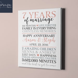 Könnte beinhalten: Ein weißer Leinwanddruck mit einem roségoldenen Design, das einen 7. Hochzeitstag feiert. Der Text lautet "7 Years of Marriage", "84 Months Love Forever", "Family is Everything", "Countless Memories", "Happy Anniversary", "Aaron & Steph", "April 23, 2016", "2 Amazing Children", "Sienna & Andrew", "2,557 Days Happiness", "Endless Adventures Together", "3,682,080 Minutes", und "and the best is yet to come".