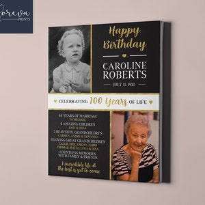 Targa su tela personalizzata per il 100° compleanno - Idea regalo di compleanno con foto di ieri e di oggi per lei o per lui - Regalo sentimentale per mamma, papà e nonni