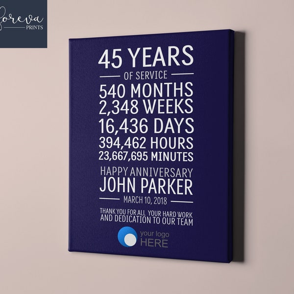 45 Year Work Anniversary - Custom Employee Recognition Gift idea - 45th Work Anniversary or Retirement - Custom Colours, Text, Company Logo