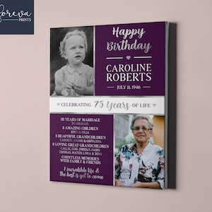 Placa de lona personalizada de 75º aniversário - Foto de então e agora Ideia de presente de 75º aniversário para ela ou ele - Presente sentimental para mamãe, papai, avós