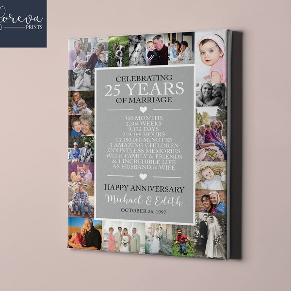 25th Wedding Anniversary Custom Canvas - 25th Silver Anniversary Gift Photo Collage - Gift Idea for Parents or Spouse, Husband or Wife