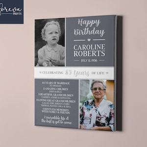 Placa de lona personalizada do 85º aniversário - Foto de antes e agora Ideia de presente de 85º aniversário para ela ou ele - Presente sentimental para mamãe, papai, avós