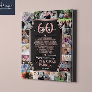 Toile personnalisée 60e anniversaire de mariage - Collage photo cadeau 60e anniversaire - Idée cadeau d'anniversaire de grands-parents pour les parents ou le conjoint