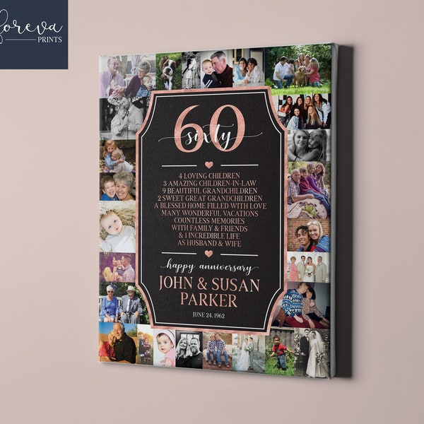 60th Wedding Anniversary Custom Canvas - 60th Anniversary Gift Photo Collage - Grandparents Anniversary Gift Idea for Parents or Spouse