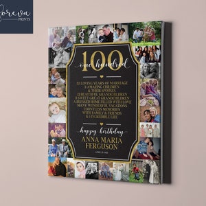 100. Geburtstag individuelle Leinwand - Foto Collage Poster für Männer und Frauen - Personalisiertes 100. Geburtstag Geschenk - Einzigartige Geschenkidee 100. Geburtstag