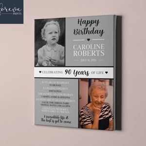 90e verjaardag aangepast canvasbord - toen en nu foto 90e verjaardag cadeau-idee voor haar hem - sentimenteel cadeau voor moeder, vader, grootouders