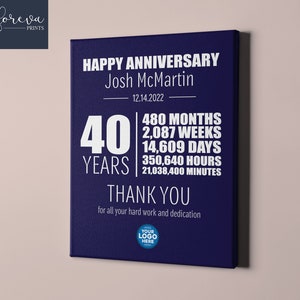 40 Year Work Anniversary - Custom Employee Recognition Gift idea - 40th Work Anniversary or Retirement - Custom Colours, Text, Company Logo